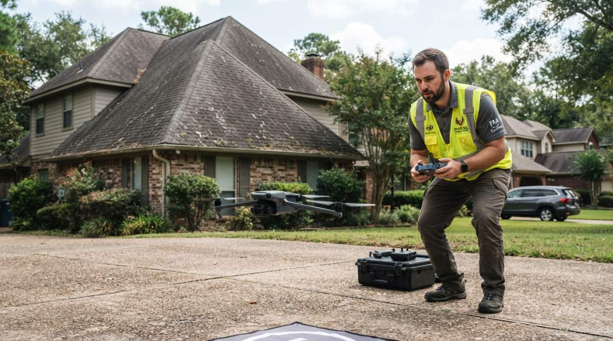 Professional drone operator in safety vest launching a DJI Mavic 3 Enterprise Thermal from a residential driveway, with a steep asphalt shingled roof visible in the background
