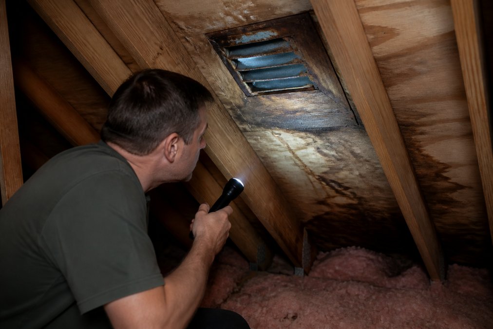 A homeowner standing in a dim attic with a flashlight, examining a rusted roof vent and dark water stains on the wooden roof deck above insulation