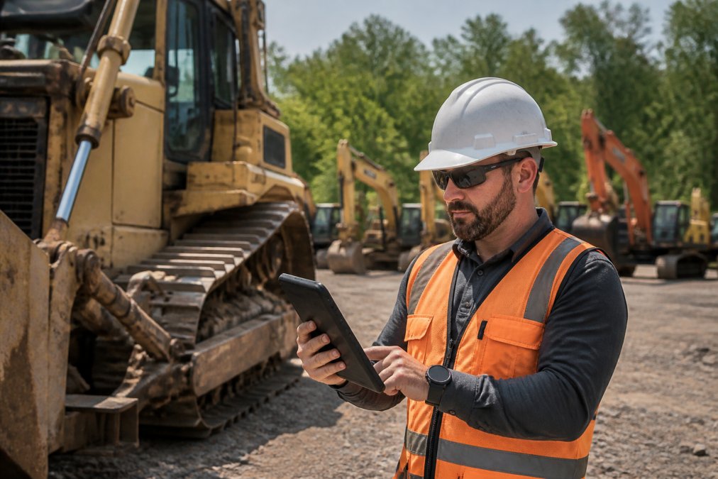 Professional demonstrating verification of heavy equipment buyers by reviewing credentials and documents on tablet while examining machinery in outdoor yard setting with natural daylight