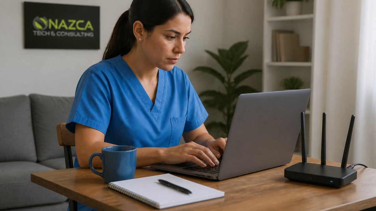A healthcare worker in scrubs working on a laptop at a home desk with a router nearby, showing a remote clinical setup