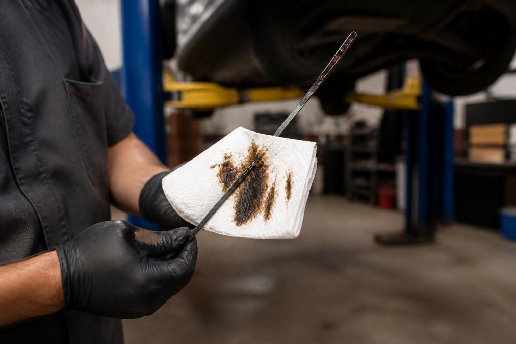 Close-up of a technician in gloves holding a white paper towel showing dark, burnt transmission fluid next to a transmission dipstick, with a vehicle on a lift in the background