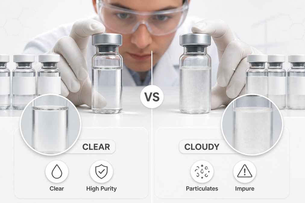 Researcher examining multiple peptide vials under bright laboratory lighting, comparing a crystal-clear solution against a visibly cloudy one side by side on a white workstation