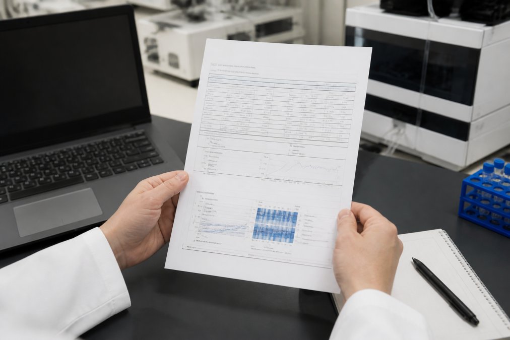 Hands holding a printed Certificate of Analysis document with visible test results, positioned at a laboratory workstation with a laptop and analytical equipment in soft overhead lighting