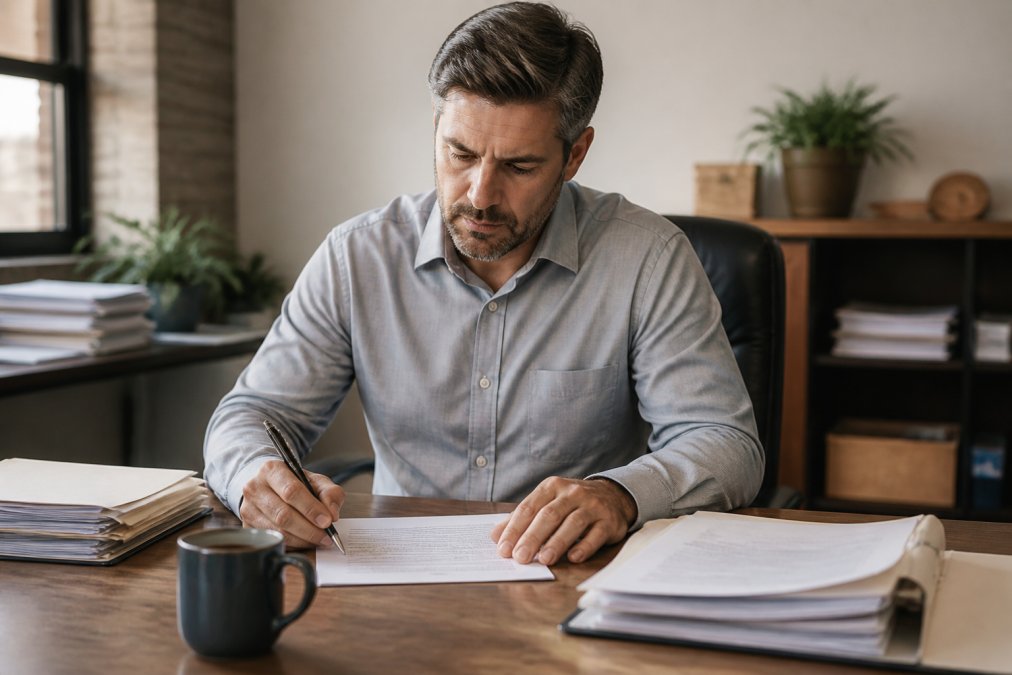 Business owner reviewing a contract document at a desk with pen and coffee cup, looking focused on the details