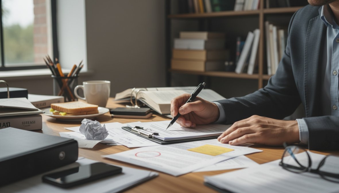 A small business owner sitting at a desk reviewing legal formation documents with a pen in hand, stacks of paperwork and a laptop visible in a well-lit professional office setting