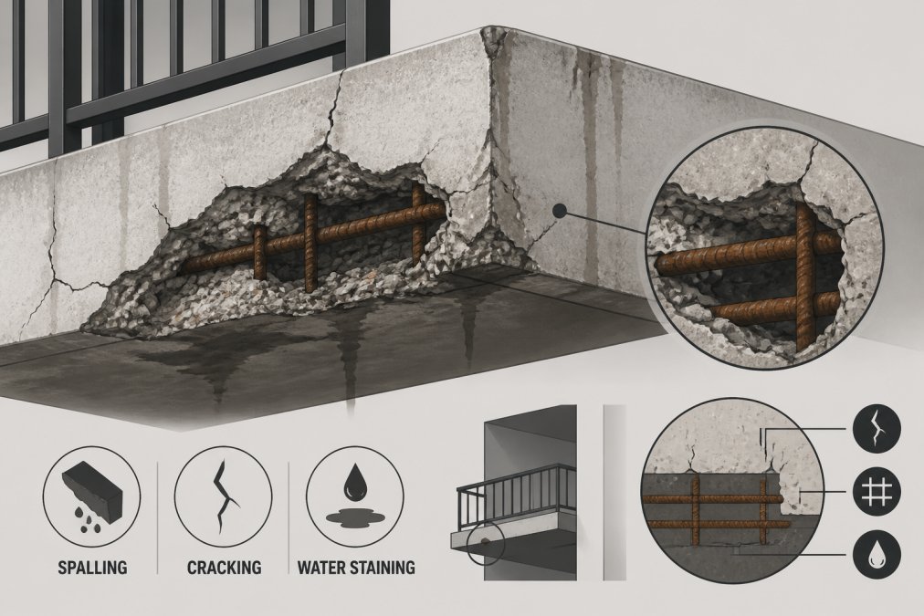 Close-up of concrete balcony surface showing visible spalling with chunks of concrete broken away, exposing orange-brown rebar underneath, with water staining visible on weathered concrete