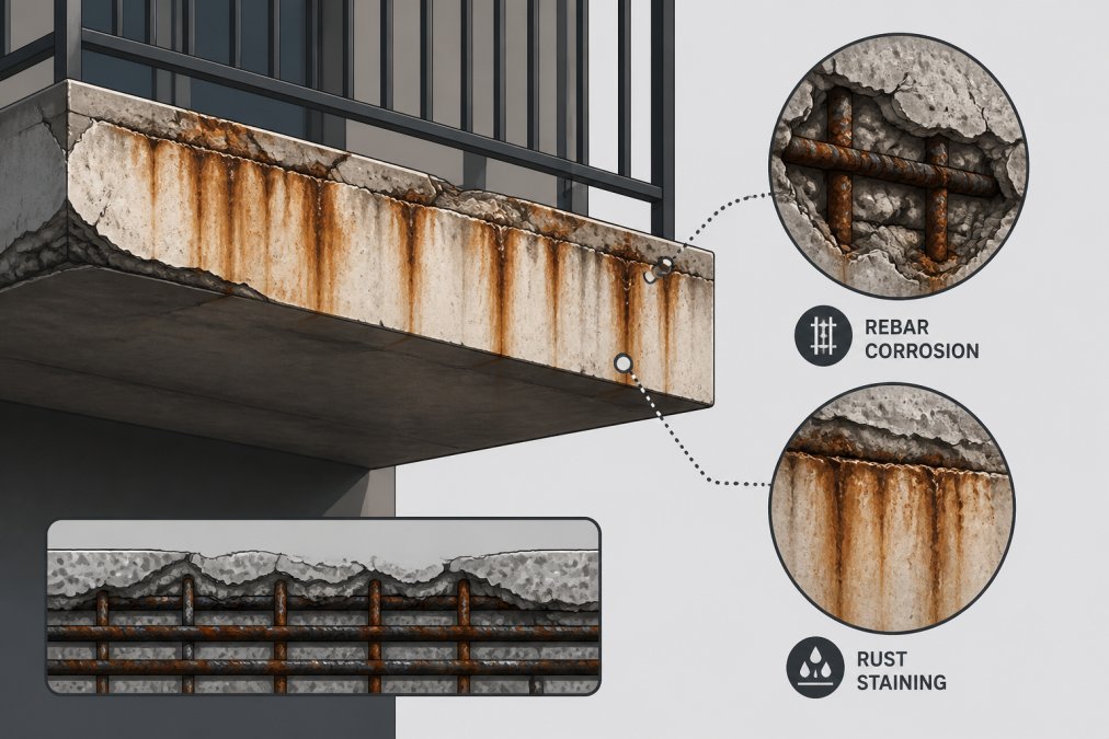 Balcony edge showing heavy rust staining in vertical streaks down the concrete surface, with orange-brown discoloration indicating advanced reinforcement steel corrosion, weathered and deteriorated concrete visible