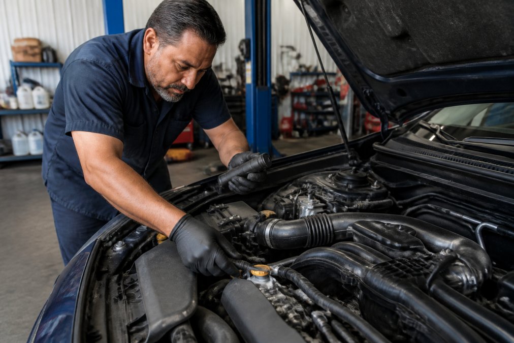 Experienced technician inspecting a Subaru engine bay with diagnostic equipment, examining coolant hoses and checking the engine compartment with focused attention under bright workshop lighting