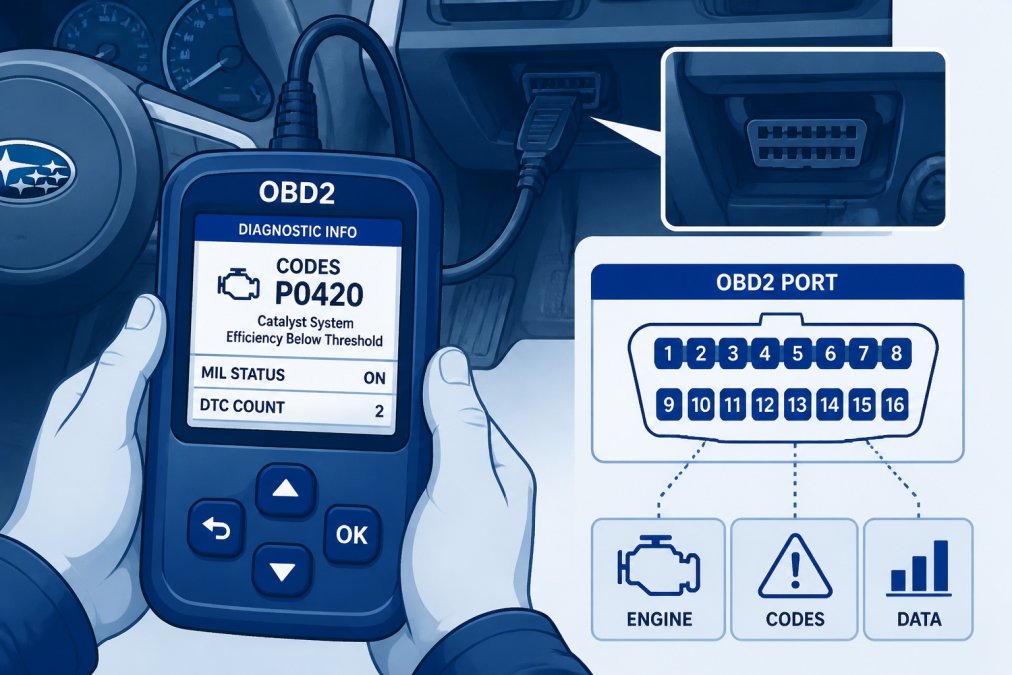 Close-up of hands holding an OBD2 scanner connected to a Subaru's diagnostic port, with the scanner display clearly visible showing diagnostic information and trouble codes