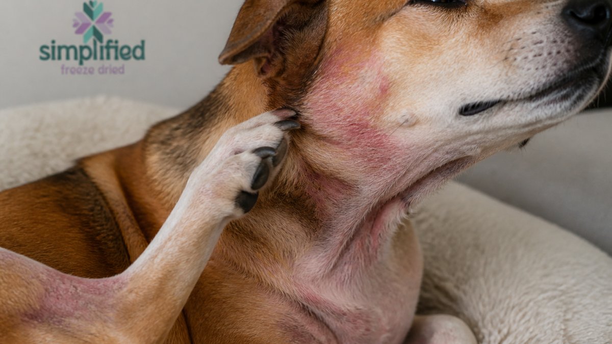 Close-up of dog's skin showing redness, irritation, and visible itching with dog's paw raised near its face in scratching motion