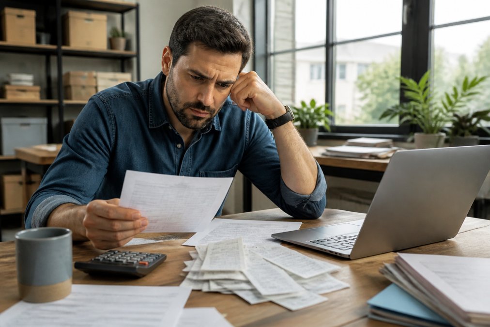 Small business owner sitting at desk reviewing financial documents and receipts with concerned expression, computer showing CRA correspondence in background, natural office lighting