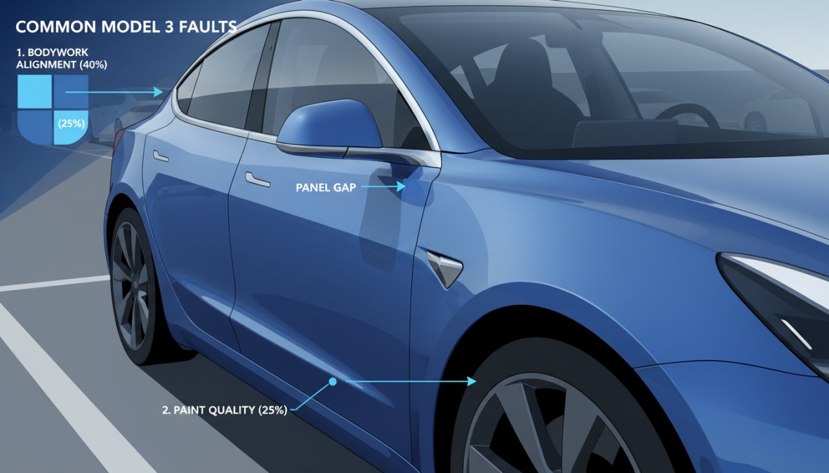 Close-up of a Tesla Model 3 door panel showing a visible panel gap and minor paint imperfection near the door edge, photographed in natural daylight in a car park