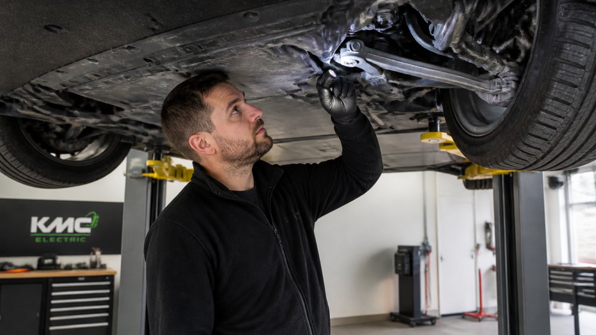 A technician in clean workwear using a torch to inspect the underside of an electric car raised on a two-post lift in a tidy independent workshop, with suspension arms and a wheel arch clearly visible