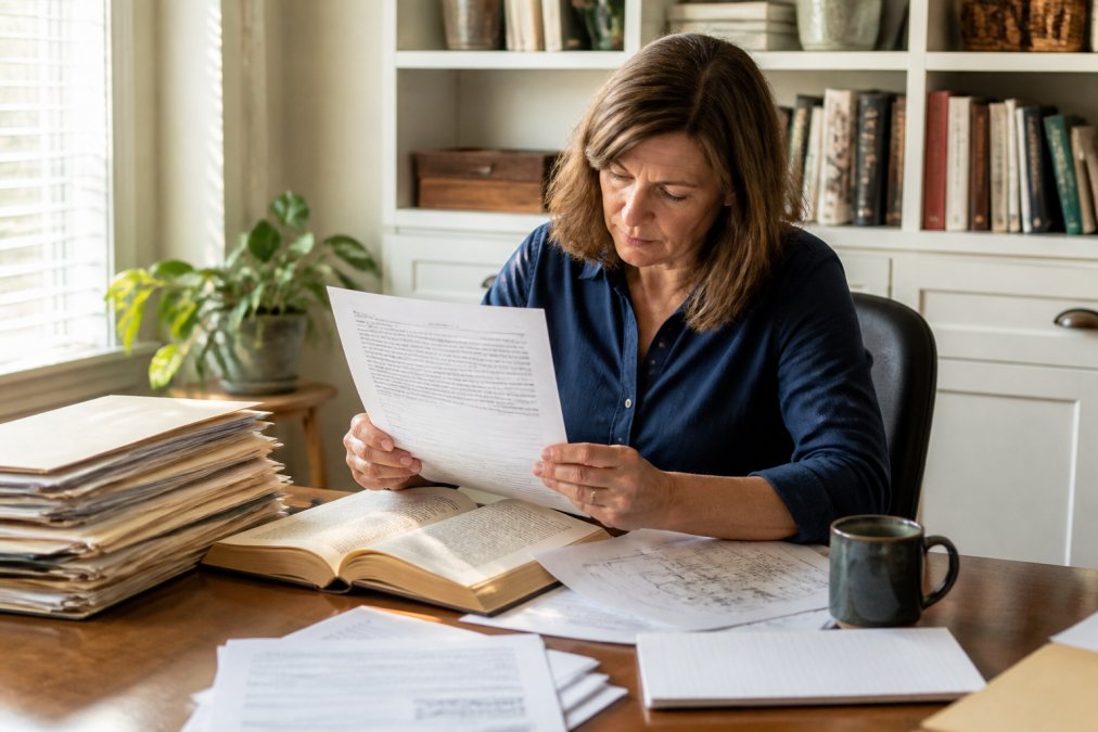 A title researcher reviewing property documents and a laptop in a bright home office, with legal papers and a coffee mug on the desk