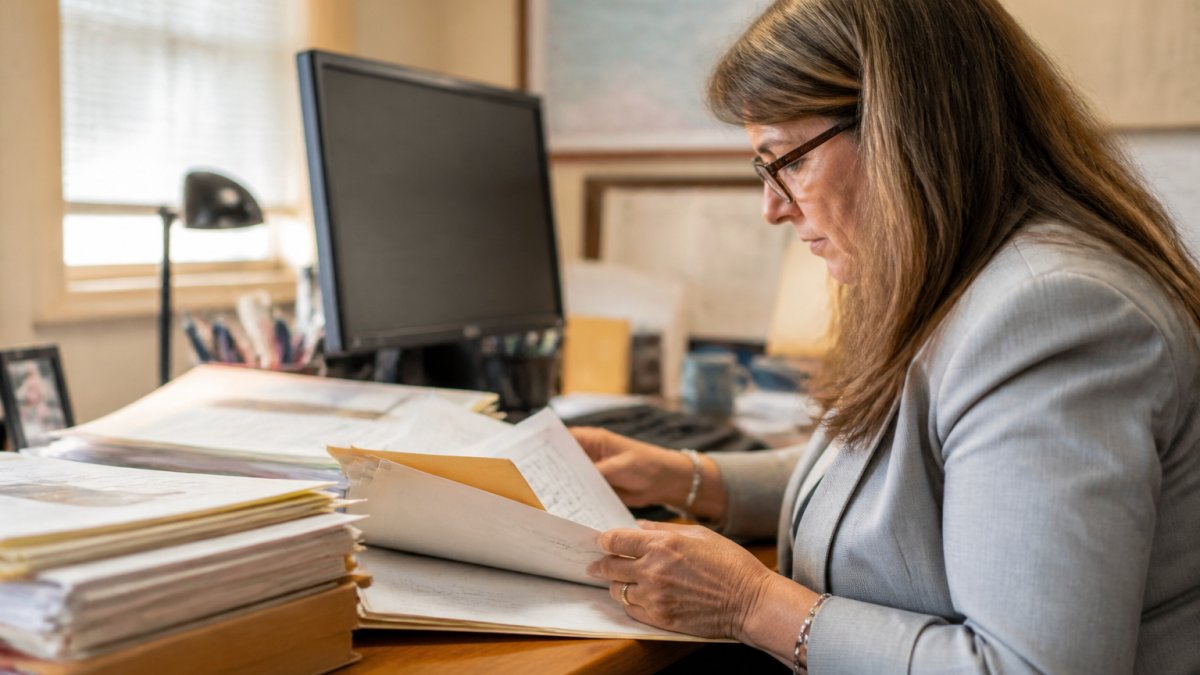 Professional title researcher reviewing property records to identify potential title search red flags
