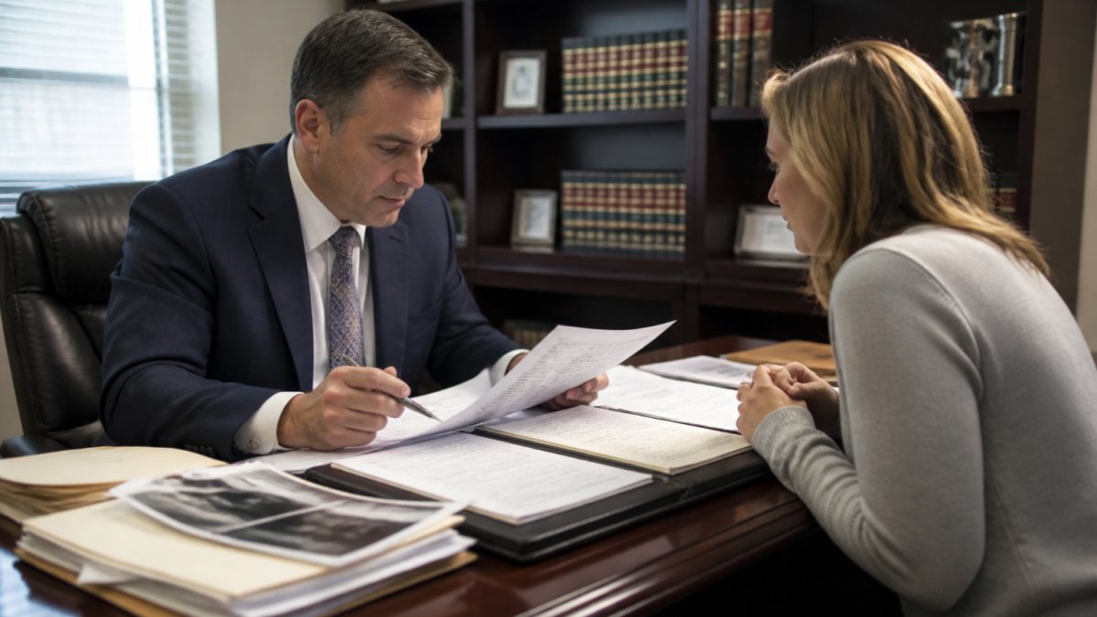 Professional attorney meeting with patient in modern law office, reviewing medical documents and surgical records on desk with natural office lighting