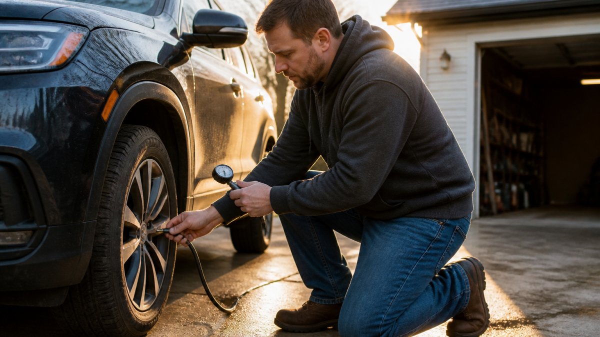 A person kneeling beside a car tire in a driveway, holding a tire pressure gauge, with a garage and morning light behind them