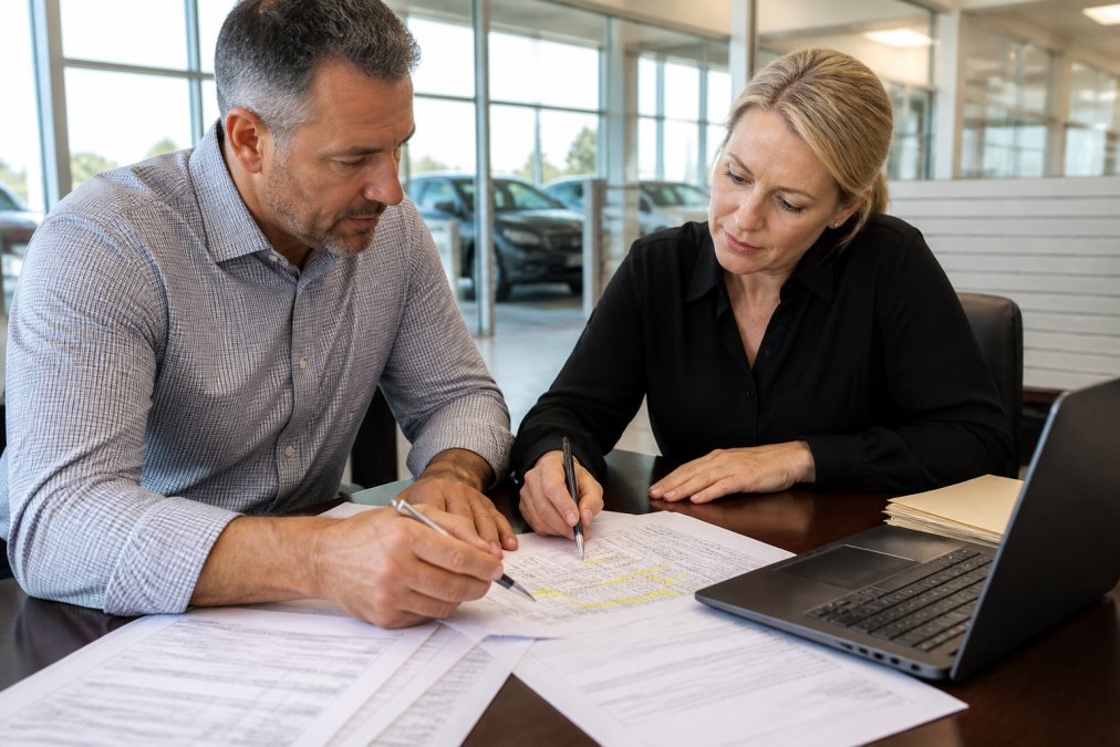 A dealership controller and office manager reviewing printed vendor invoices side by side at a desk, highlighting line items with a pen, laptop open to a billing spreadsheet in a bright dealership office