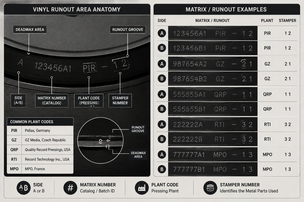 Diagram identifying vinyl pressing errors by examining matrix numbers and plant codes within record runout grooves.