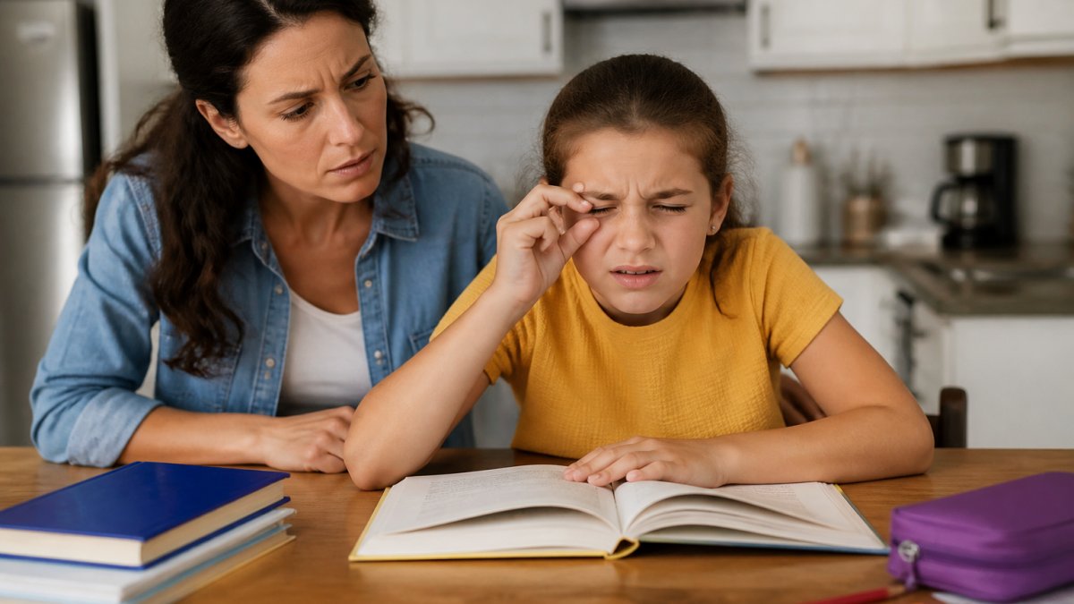 A parent and child sitting at a kitchen table, the child squinting while trying to read a book, with a concerned parent looking on