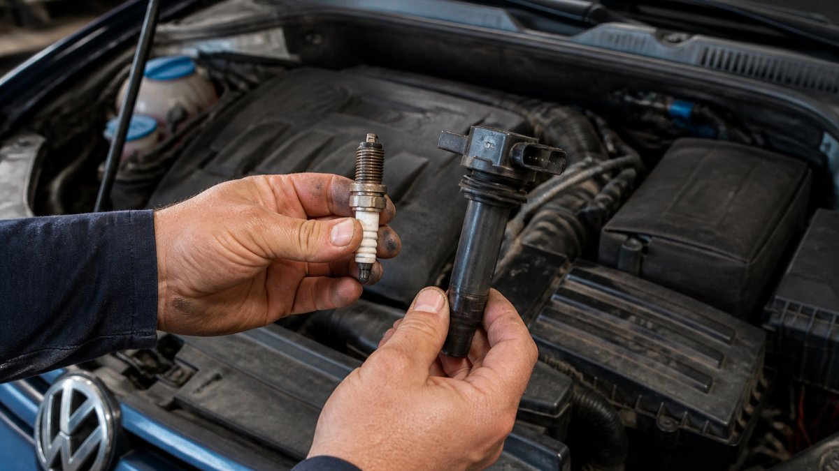 Close-up of a mechanic's hands holding a used spark plug and ignition coil next to an open engine bay of a Volkswagen car in a home garage