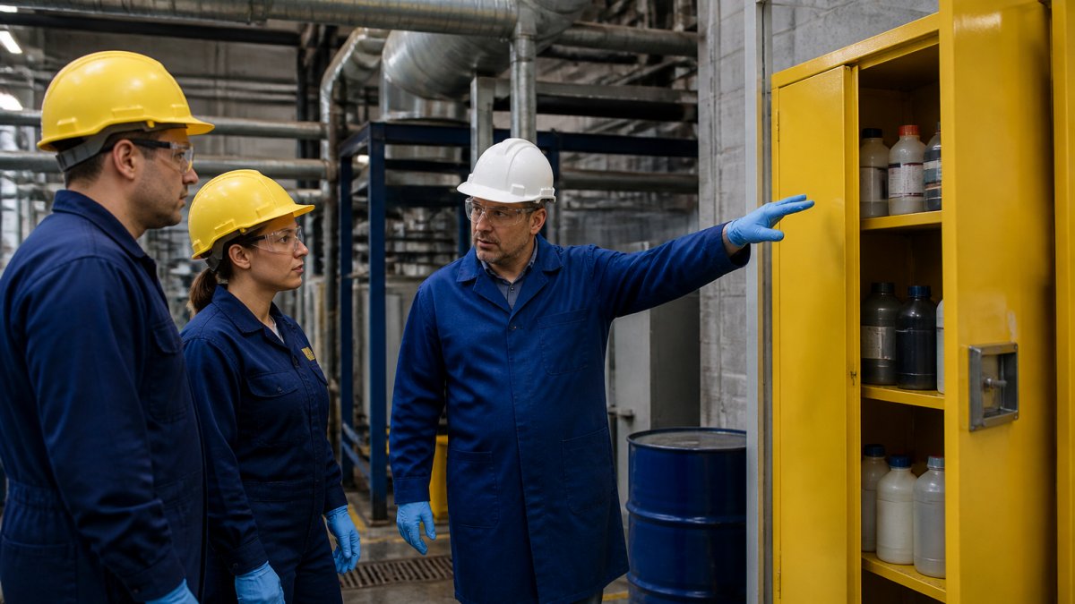 Safety manager pointing to chemical storage cabinets to discuss chemical exposure risks with factory workers
