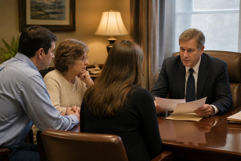 A grieving family seated at a conference table across from a professional attorney reviewing legal documents, warm overhead lighting in a serious but compassionate office setting