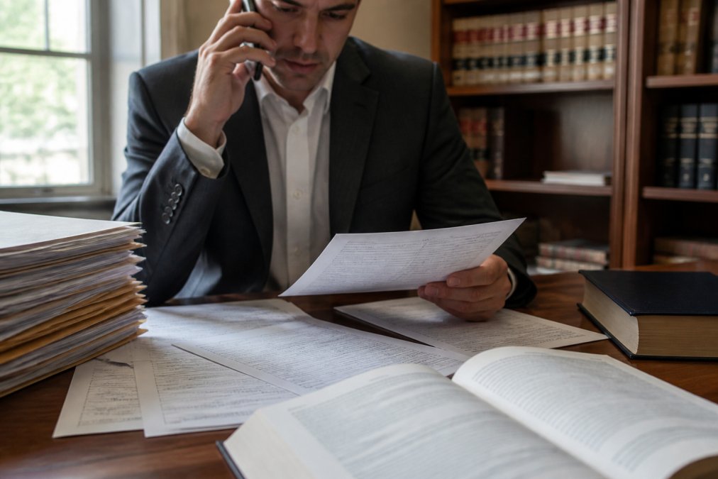 Close-up of a person's hands holding a phone to their ear while reviewing legal paperwork spread across a desk, suggesting a stressful conversation with an insurance representative, natural window light