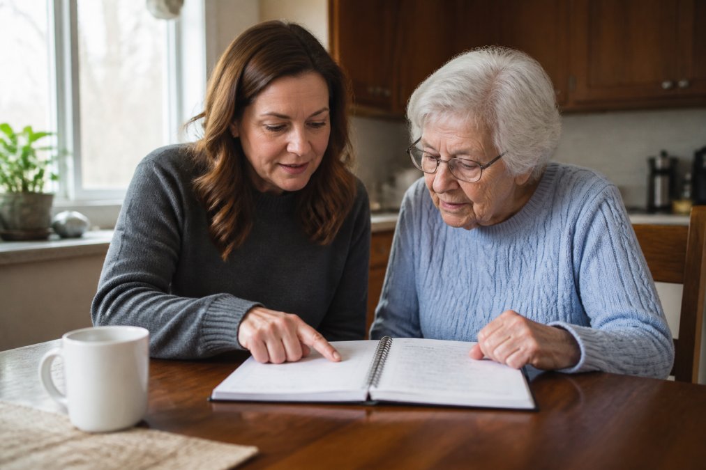 Infographic showing a step-by-step process for communicating emergency plans to elderly family members at home.