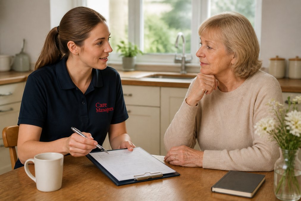 Family member and home care professional sitting together at a kitchen table reviewing a care plan document, both looking engaged and having a conversation in natural daylight