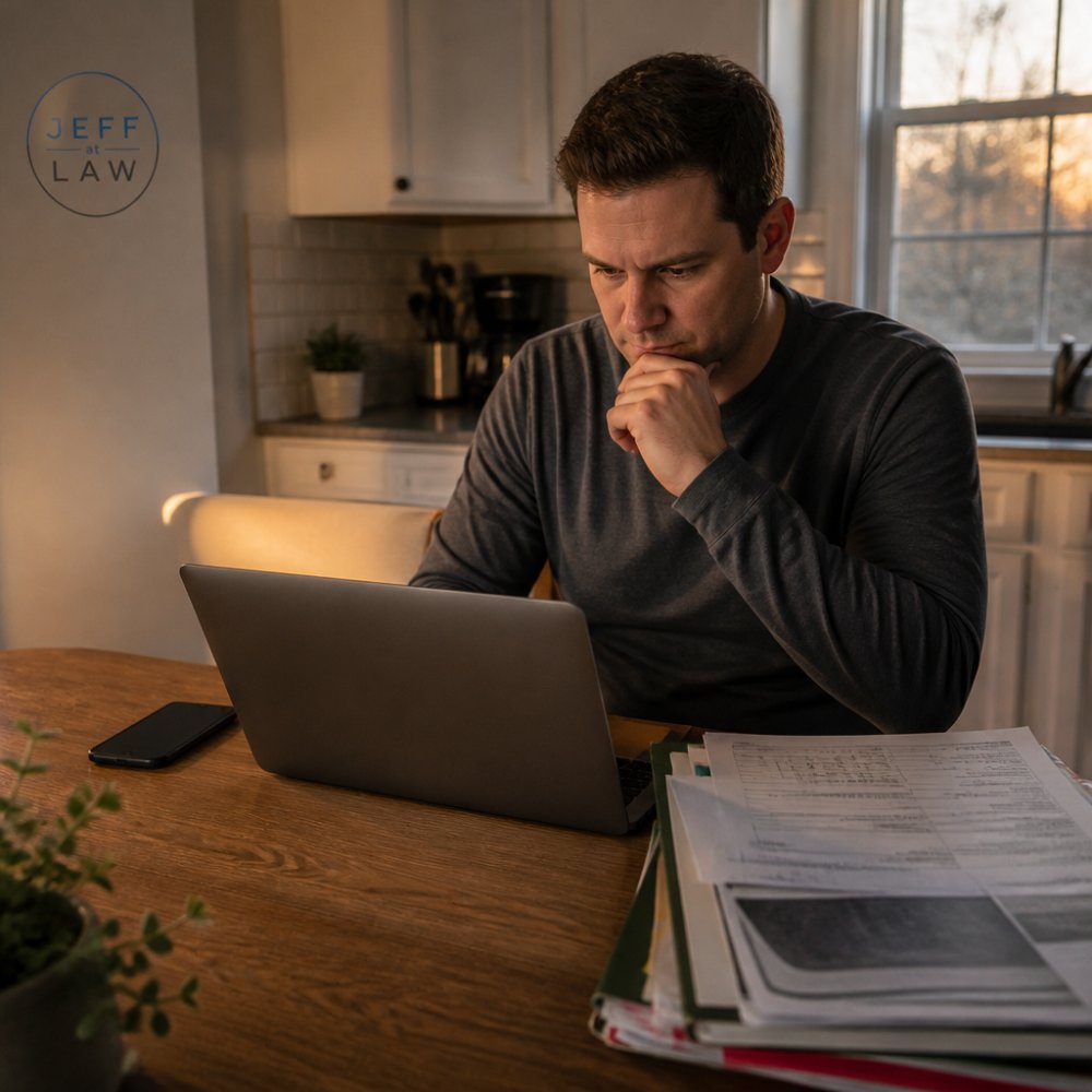 A person sitting at a kitchen table with a laptop open to an email draft, a folder of medical paperwork and a phone beside them, warm evening light