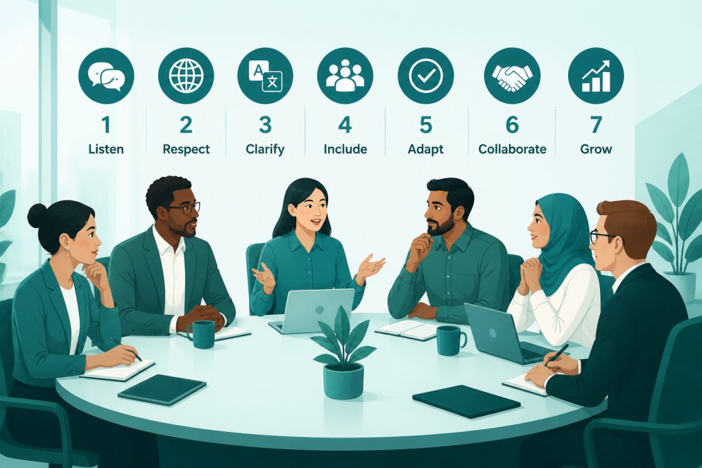 Diverse team of professionals sitting around a conference table actively listening during a meeting, with engaged body language and open postures, natural office lighting