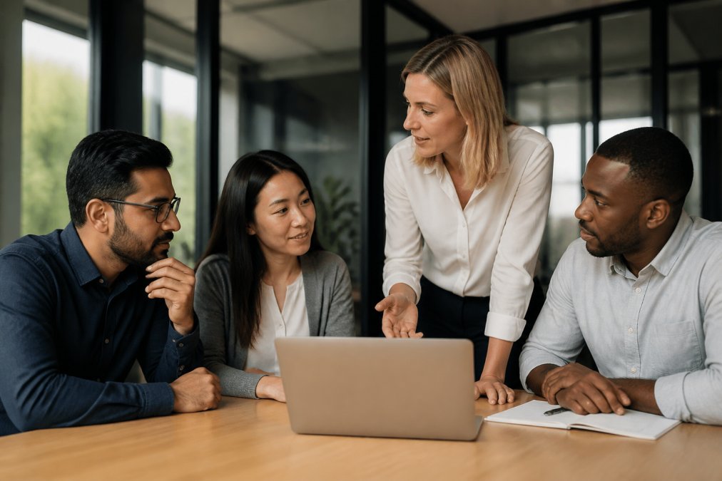 HR manager or team leader reviewing behavioral assessment results on a laptop with colleagues, discussing communication style insights in a modern office setting