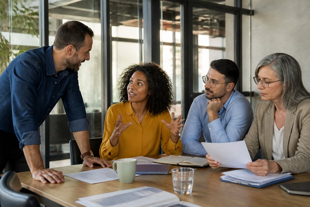 A diverse team of four professionals in a modern office setting engaged in conversation, each displaying distinct body language and engagement styles, one leaning forward assertively, one gesturing expressively, one listening attentively, one reviewing documents carefully