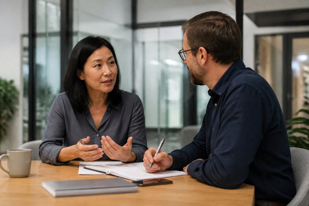 A manager having a one-on-one conversation with an employee at a desk, both appearing engaged and comfortable, with positive body language suggesting effective communication