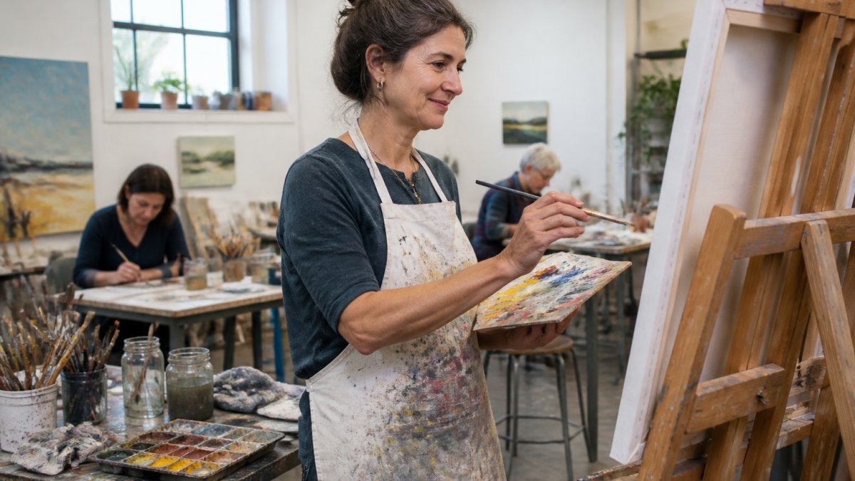 An adult student in a paint-splattered apron standing at an easel in a bright art studio, palette and brushes in hand, other students working at nearby tables