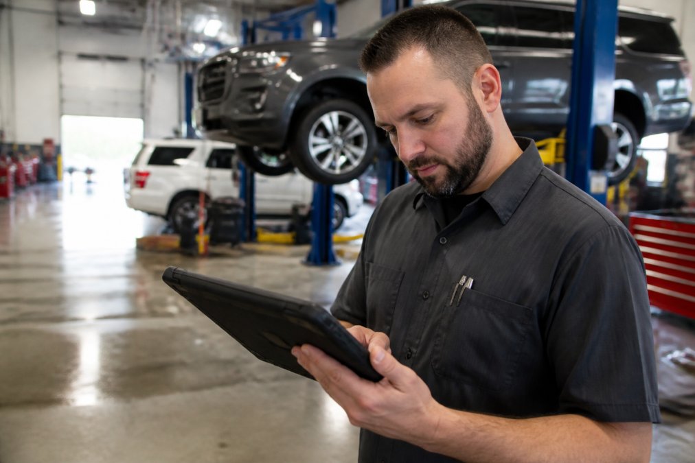 Professional automotive technician reviewing vehicle service records on tablet in modern service department with vehicles on lift in background