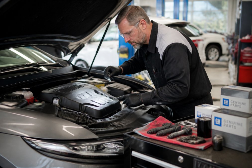 Certified automotive technician in uniform performing detailed inspection of vehicle engine with genuine GM parts visible on organized workbench in professional service facility