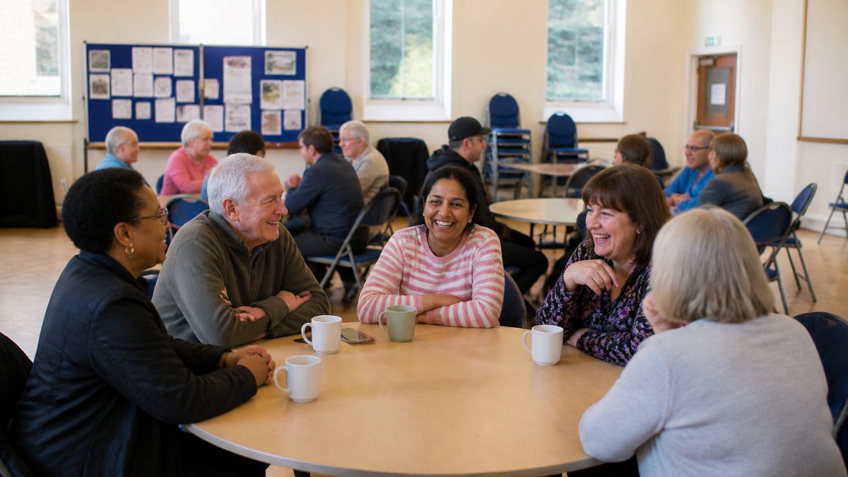 Diverse adults laughing and chatting at tables in a bright community centre hall for community groups Hemel.