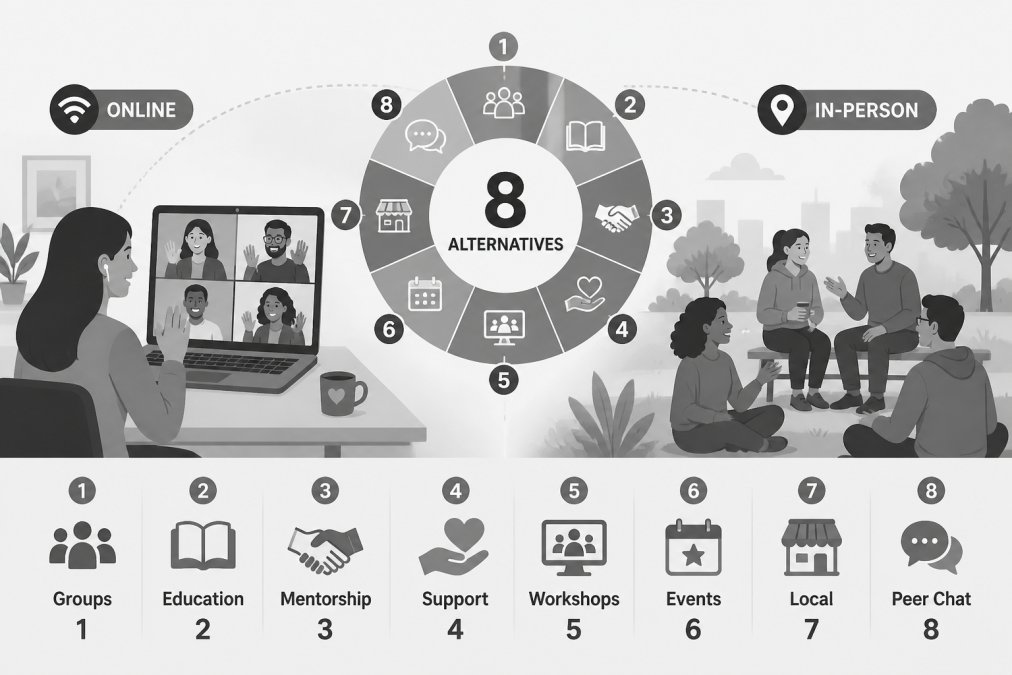 Diverse group of people connecting online and in-person, some on video calls, others meeting outdoors in a park, showing both digital and local community engagement