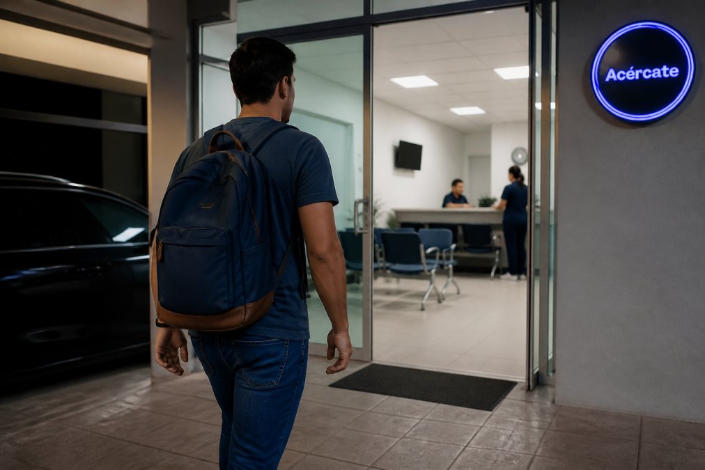 Paciente ingresando a una sala de urgencias médicas con señalización clara, mostrando la entrada iluminada de un hospital o clínica de emergencia