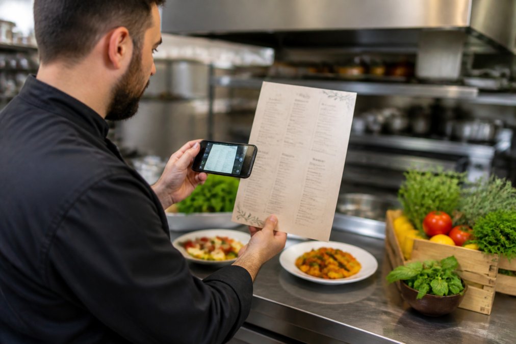 Dueño de restaurante fotografiando su menú en papel con un smartphone en la cocina, con platos e ingredientes frescos de fondo