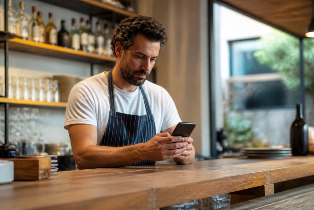 Mano de un dueño de restaurante sosteniendo un smartphone actualizando su menú digital mientras está en el mostrador del negocio, con iluminación natural del día