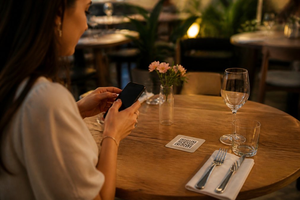 Cliente en una mesa de restaurante consultando el menú digital desde su teléfono móvil con código QR visible en la mesa, iluminación cálida del restaurante
