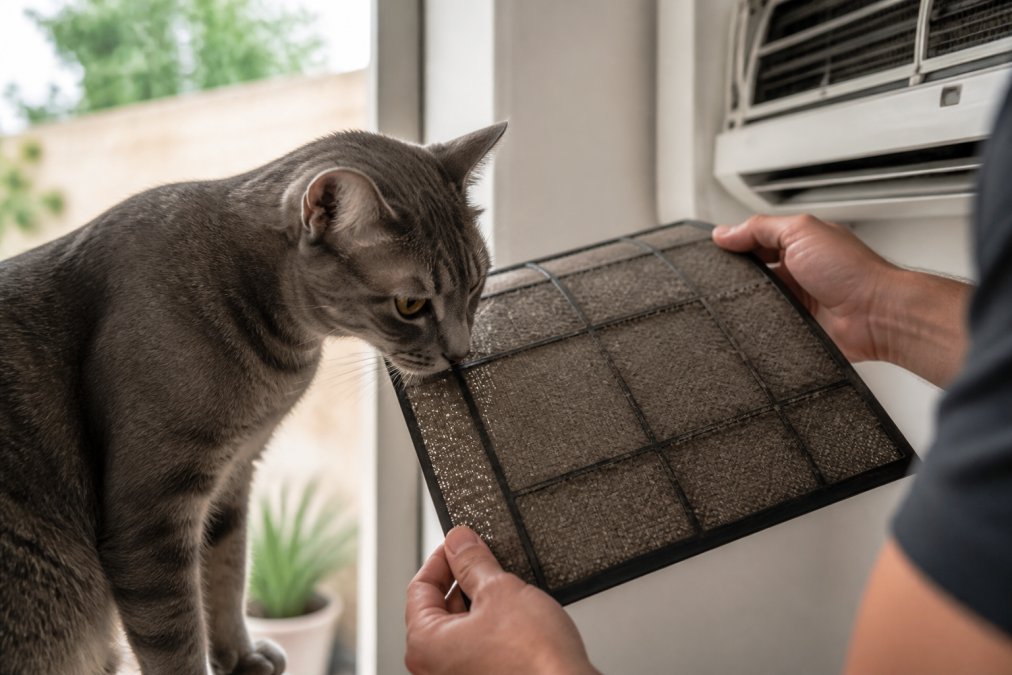 Un gato gris inspeccionando de cerca un filtro de aire acondicionado sucio, mostrando acumulación de polvo y partículas, con luz natural suave iluminando los detalles de la suciedad
