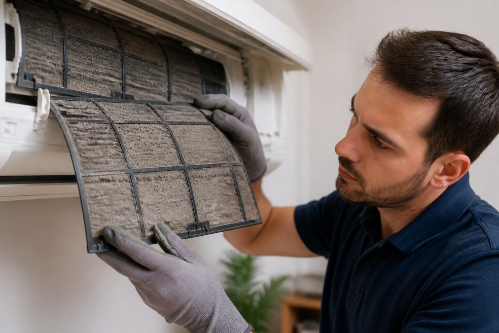 Gato gris inspeccionando un filtro de aire acondicionado sucio lleno de polvo para aprender cómo ahorrar energía con aire