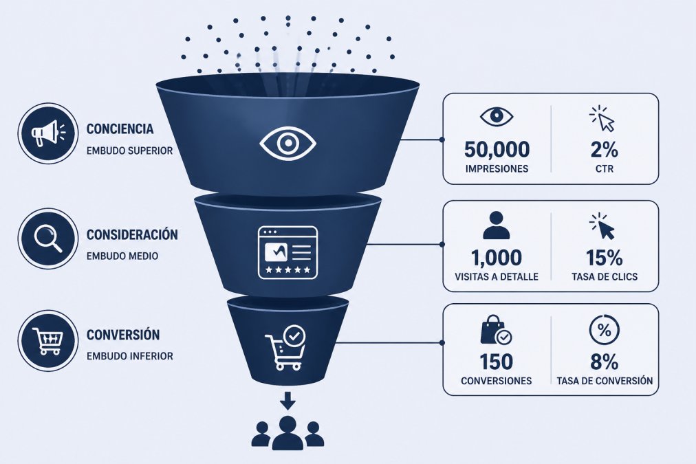 Diagrama del embudo de ventas mostrando tres fases: embudo superior con alcance 50,000 impresiones y 2% CTR, embudo medio con 1,000 visitas a detalle y 15% tasa de clics, embudo inferior con 150 conversiones y 8% tasa de conversión
