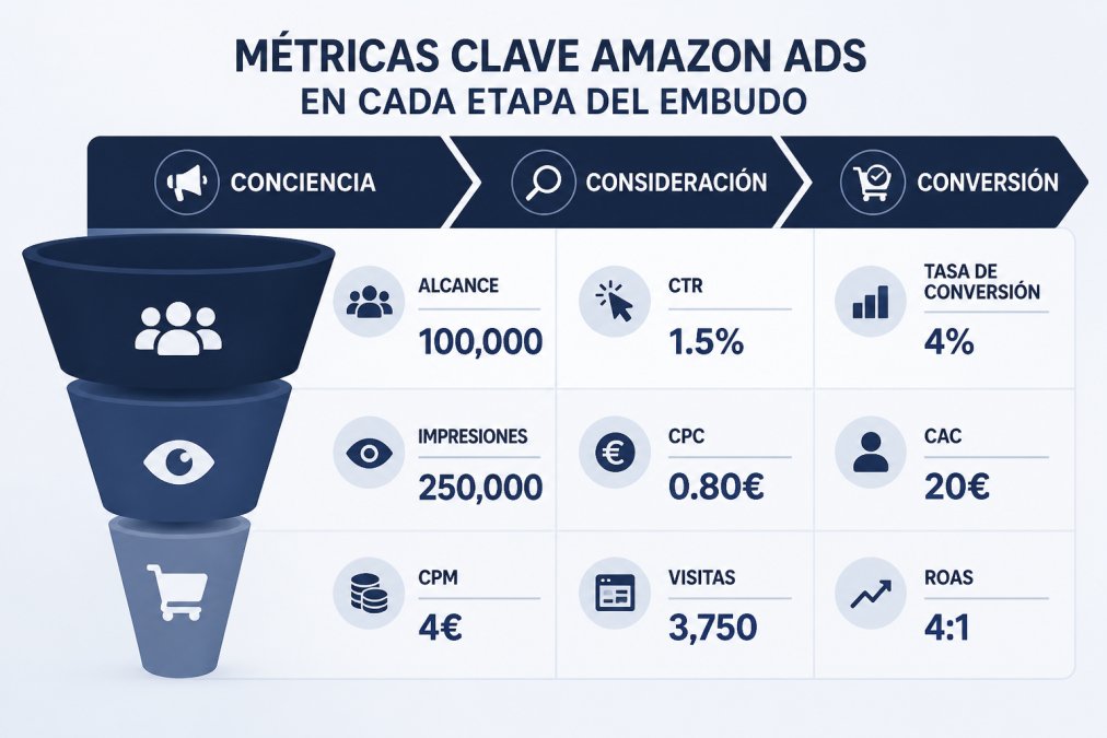 Matriz comparativa de KPIs por fase del embudo: conciencia (alcance 100,000, impresiones 250,000, CPM 4€), consideración (CTR 1.5%, CPC 0.80€, visitas 3,750), conversión (tasa de conversión 4%, CAC 20€, ROAS 4:1)