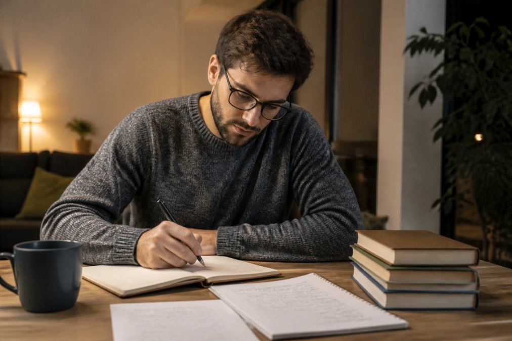 Persona adulta estudiando con un portátil y notas en una mesa de casa durante una tranquila noche de trabajo.