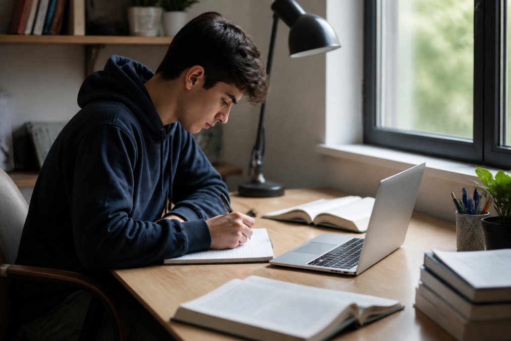 Estudiante joven concentrado frente a un portátil en su escritorio, tomando notas en un cuaderno mientras sigue un curso en línea, con luz natural de ventana iluminando su espacio de trabajo